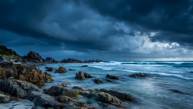 Serene Beach with Dramatic Sky Featuring Dark Storm Clouds Casting Shadow on Rocky Coastline with Gentle Waves Washing Ashore Creating Atmospheric Seaside View - Powered by Adobe