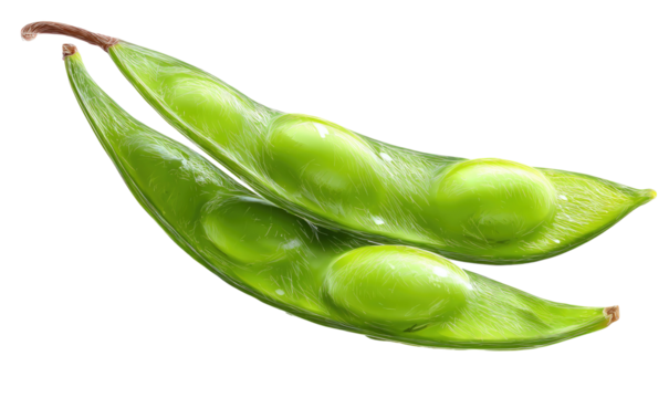 Two vibrant green edamame pods, split open, revealing plump beans
