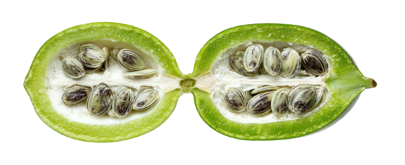 Green fruit sliced open, revealing white pulp and dark seeds