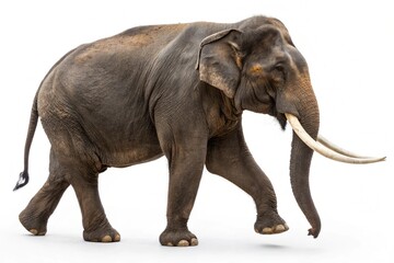 Obraz premium A majestic Asian elephant with long tusks walks gracefully across a white background.