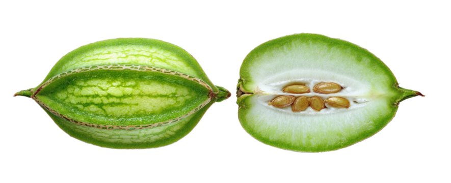 Whole and halved green fruit with pale seeds inside
