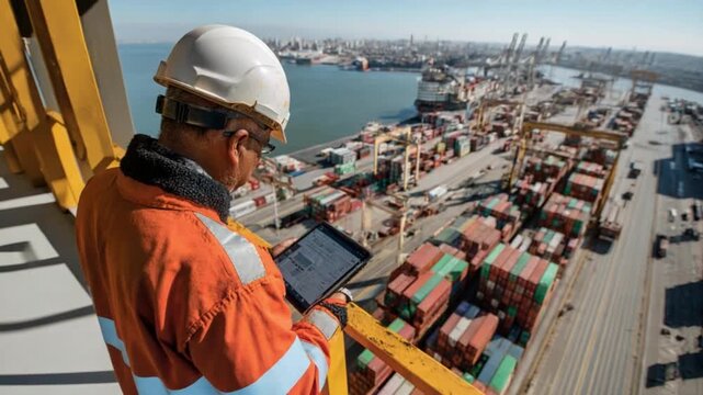 Harbor Inspector and Cargo Check: A focused harbor inspector, clad in safety attire, meticulously examines data on a tablet. Overlooking a bustling harbor and rows of shipping containers.