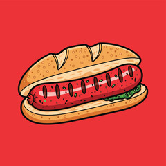 Cartoon illustration of a grilled hot dog in a bun with green garnish on a vibrant red background.