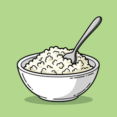 A cartoon illustration of a white bowl filled with cottage cheese and a silver spoon, set against a light green background.