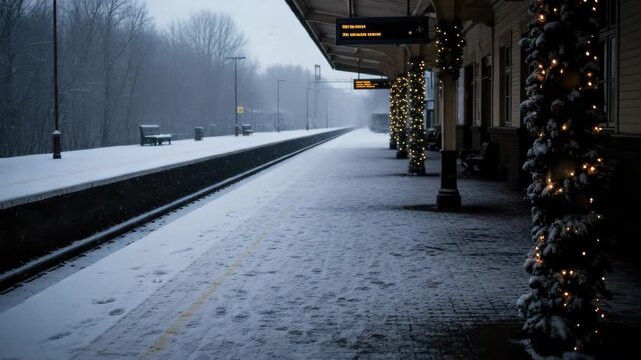 Empty train station platform covered in fresh snow during a winter storm. Festive christmas lights create a warm glow for the holiday season and travel concepts