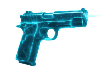 Futuristic digital pistol with glowing blue hologram effect shooting laser beam on transparent background