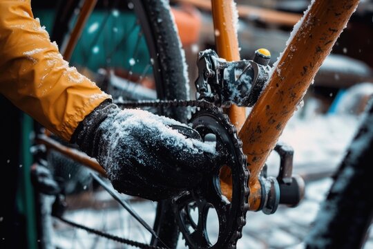 gloved hand in yellow jacket adjusting snowy orange bicycle chainring and crankset with focused careful winter maintenance
