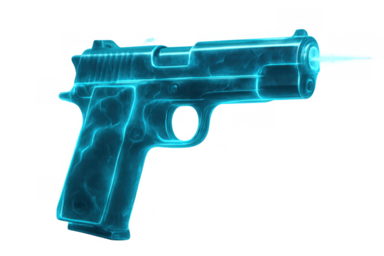 Futuristic digital pistol with glowing blue hologram effect shooting laser beam on transparent background