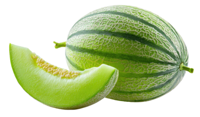 Fresh cantaloupe with a sliced wedge showing bright orange flesh