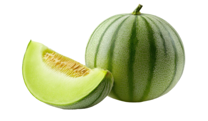 A whole green melon with a slice revealing the pale flesh