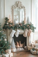 Cozy elegant holiday fireplace with lit fire, evergreen garland and pinecones, four neutral stockings, cone-shaped decorative trees, wrapped gifts and a decorated Christmas tree, warm festive mood