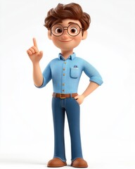 confident male cartoon character in blue shirt pointing upward with one finger and hand on hip in a friendly instructional pose