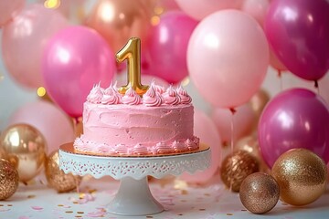 pink frosted one-tier cake with a gold number one candle on a white cake stand surrounded by pink and gold balloons, glitter balls and confetti for a joyful first birthday celebration