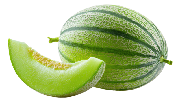 Fresh cantaloupe with a sliced wedge showing bright orange flesh