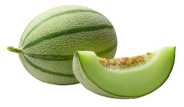 Round melon with a green rind, sliced to reveal light green flesh
