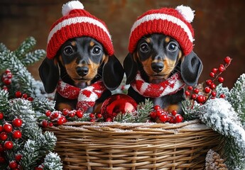 two small black and tan puppies in red and white knit hats and scarves sitting together in a wicker basket amid snowy evergreen branches, red berries and a shiny ornament, festive and cozy