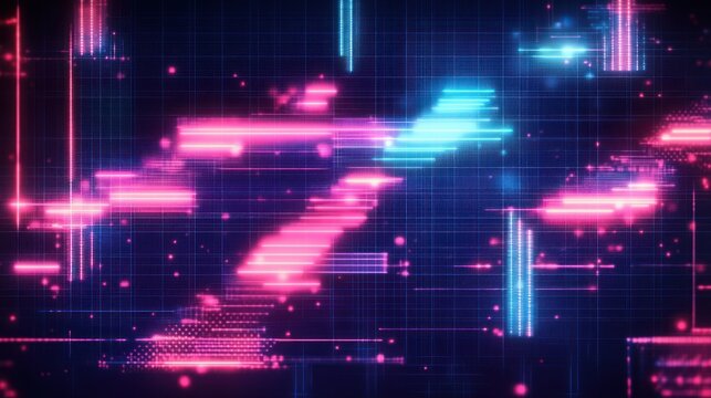 vibrant neon pink and cyan digital grid with glowing horizontal and vertical data streaks, scattered particles and motion, futuristic energetic abstract technology scene