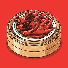 A vibrant illustration of steamed chicken feet with star anise and chili in a bamboo dim sum basket.