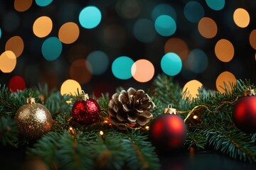 Obraz premium pine cone and evergreen arrangement with red and gold baubles and warm string lights against soft bokeh background, festive cozy mood