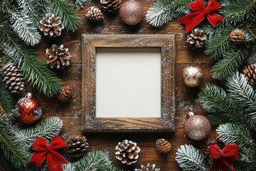 Blank rustic wooden frame surrounded by frosted fir branches, pine cones, red bows and glittering baubles on a wooden table, evoking cozy festive holiday cheer