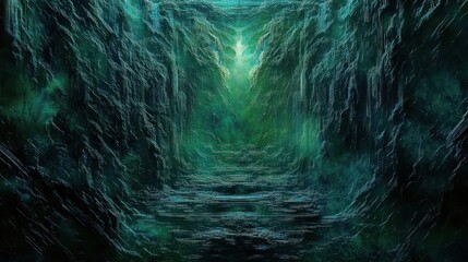 deep emerald cavern with towering wet rock walls and terraced stone steps leading toward a glowing light, misty and mysterious with a foreboding, atmospheric mood