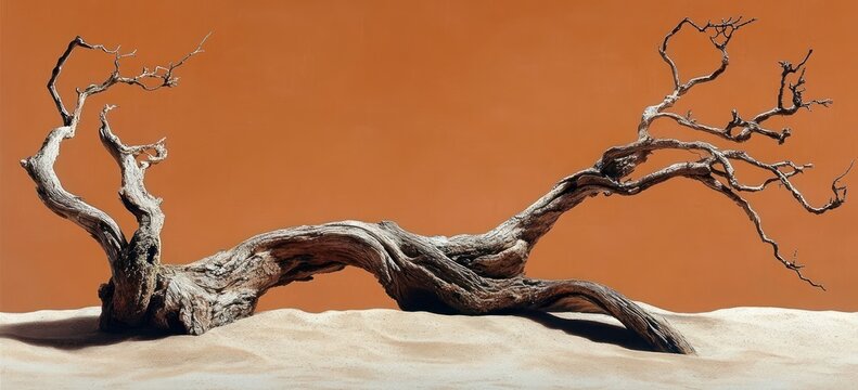 Gnarled dead tree trunk stretched across rippled sand under a warm orange backdrop, evoking solitary quiet and weathered resilience
