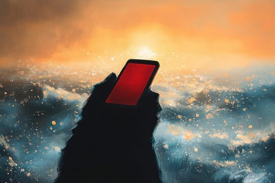 Silhouetted hand holding a glowing red smartphone above a sparkling ocean at sunset, evoking solitude and contemplative awe