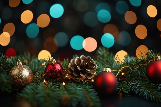 pine cone and evergreen arrangement with red and gold baubles and warm string lights against soft bokeh background, festive cozy mood - Powered by Adobe