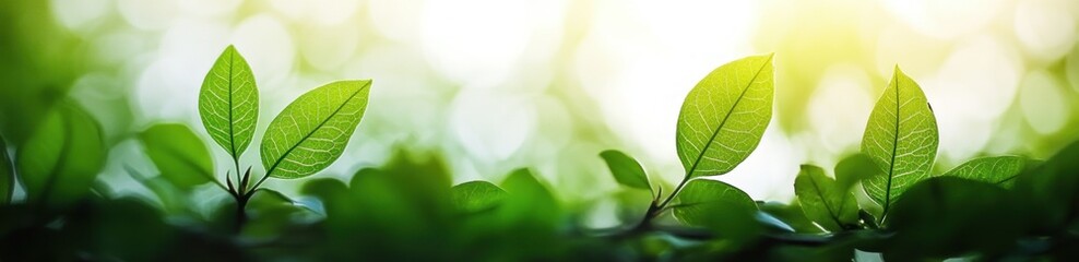 close-up of backlit fresh green leaves and foliage with soft sunlight and bokeh, conveying serene spring renewal and peaceful freshness