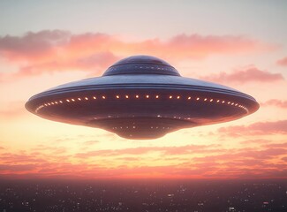 massive metallic disc-shaped spacecraft hovering above a city at sunset with glowing lights and dramatic clouds, evoking awe and mysterious tension