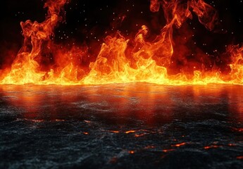 intense wall of orange and yellow flames with sparks and smoke behind a dark cracked scorched surface, glowing embers and dramatic sense of heat and danger
