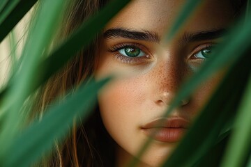 Close-up of green leaves partially hiding long brown hair with soft natural light, conveying a tranquil, mysterious, intimate mood