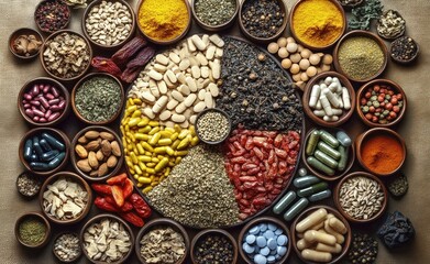 Top-down view of wooden bowls containing colorful spices, dried herbs, seeds, nuts, capsules and tablets arranged in a circular pie, radiating vibrant natural wellness