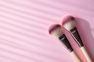 Two fluffy pink-tipped makeup brushes with wooden handles on a pastel pink surface with soft diagonal blind shadows, calm feminine mood