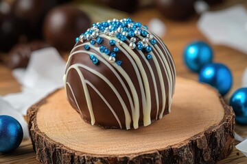 Elegant chocolate truffle with white drizzle and blue and silver metallic sprinkles on a rustic wooden slice surrounded by blue ornaments and blurred chocolates, festive and indulgent mood