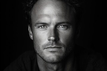 moody black and white portrait of a man with curly hair, visible ears and stubble, wearing a dark shirt, dramatic low-key lighting and contemplative expression