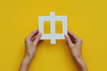 two hands with light manicure holding a white paper cutout symbol on a bright yellow background, cheerful minimalist composition
