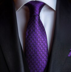 Close-up of dark tailored suit, crisp white shirt, and textured patterned purple tie with matching pocket square conveying confidence, elegance and professional style