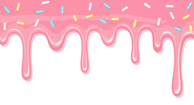 Glossy pink strawberry icing drips down with colorful sprinkles in this sweet cartoon vector border design on a white background