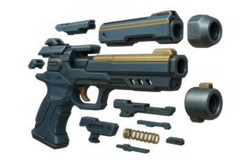 Futuristic handgun exploded view concept, showing sci-fi weapon disassembled parts with gold and grey components on transparent background
