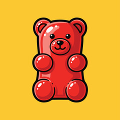 A vibrant red gummy bear candy with a glossy finish and black outlines, set against a bright yellow background.
