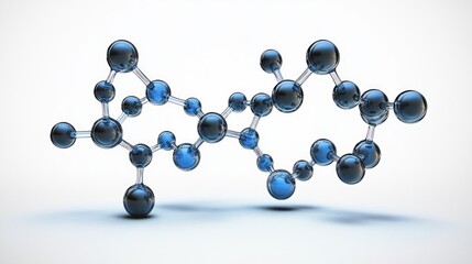 glass-like blue molecular model of interconnected atoms and bonds floating above a white surface, sleek scientific and futuristic mood