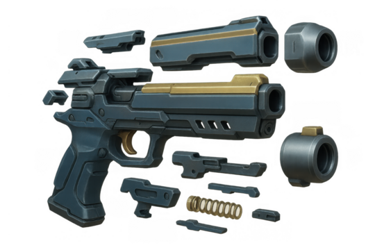 Futuristic handgun exploded view concept, showing sci-fi weapon disassembled parts with gold and grey components on transparent background