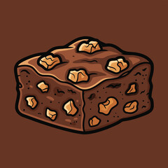 A delicious cartoon illustration of a rich chocolate brownie with nuts on a dark brown background.