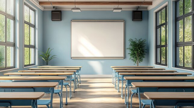sunlit modern classroom with rows of wooden desks and blue chairs, front whiteboard, large windows, potted plants, ceiling speakers and wooden beams, calm inviting atmosphere - Powered by Adobe