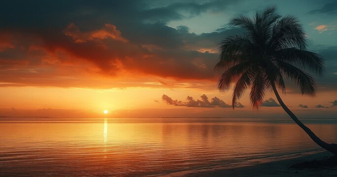 golden sunset over calm tropical sea with silhouetted leaning palm tree on sandy shore, dramatic clouds and peaceful reflective water
