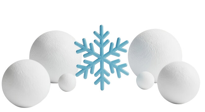 Isolated 3d render of a blue snowflake among white snowballs for winter design