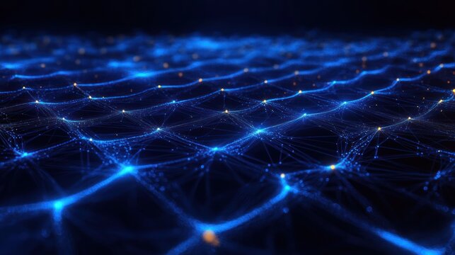 undulating blue mesh of glowing nodes and interconnected lines with orange highlights, evoking futuristic connectivity and a sense of wonder