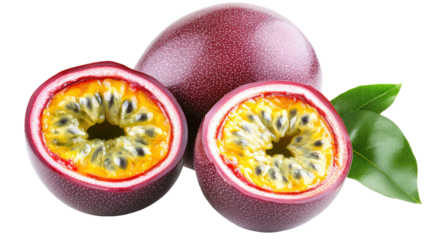 Passion Fruits Cut Halves and Whole isolated on a transparent background