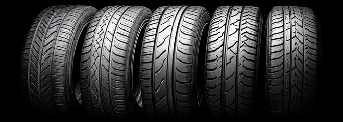Six glossy car tires with varied treads lined up on a black background, conveying power, performance, and precision